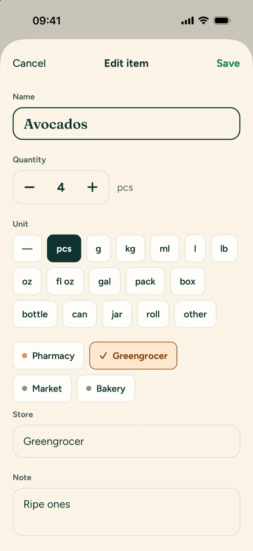 Listhola: editing an item with amount and store