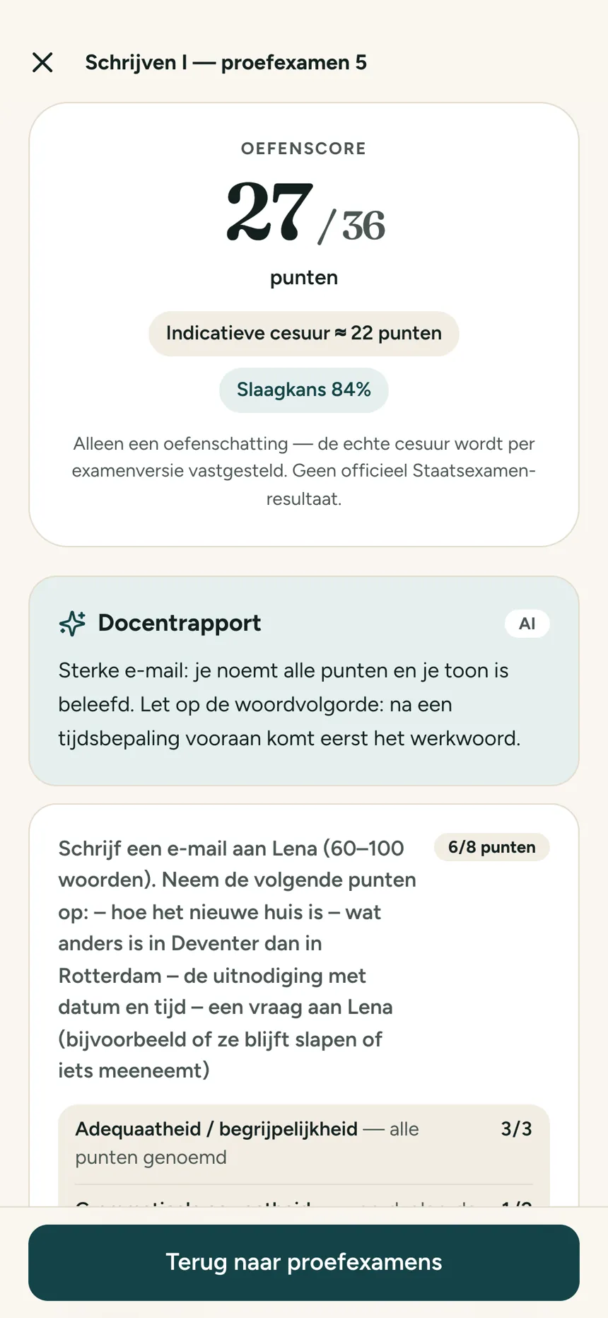 Slaagtaal: exam score with teacher-style feedback