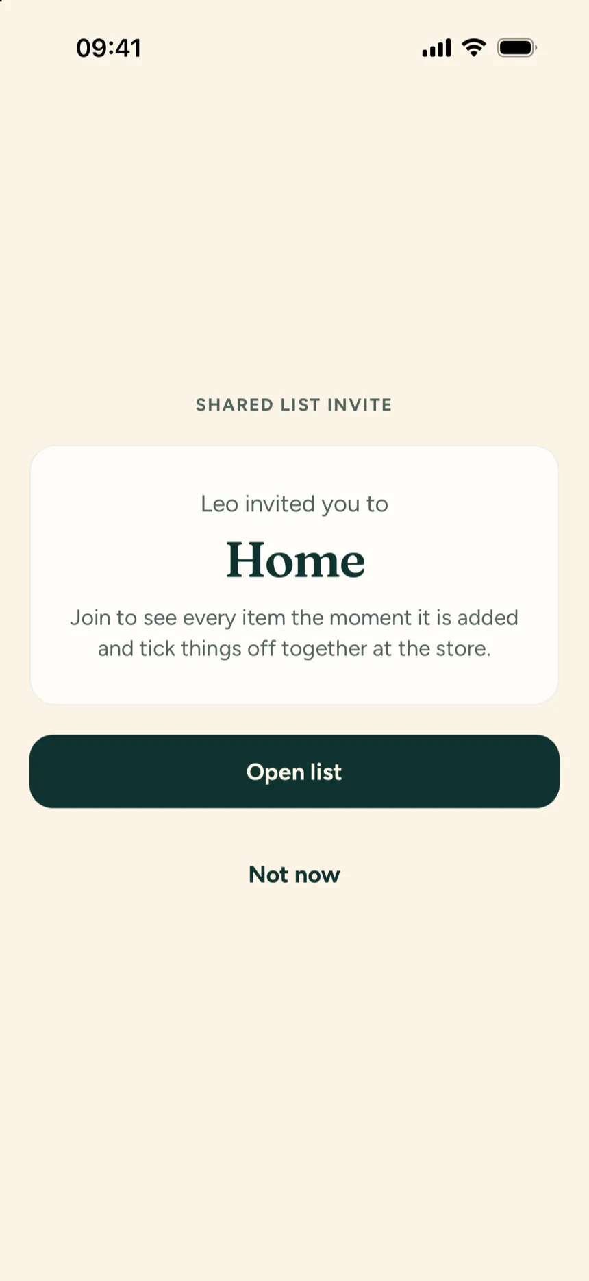 Listhola: invite to a shared list