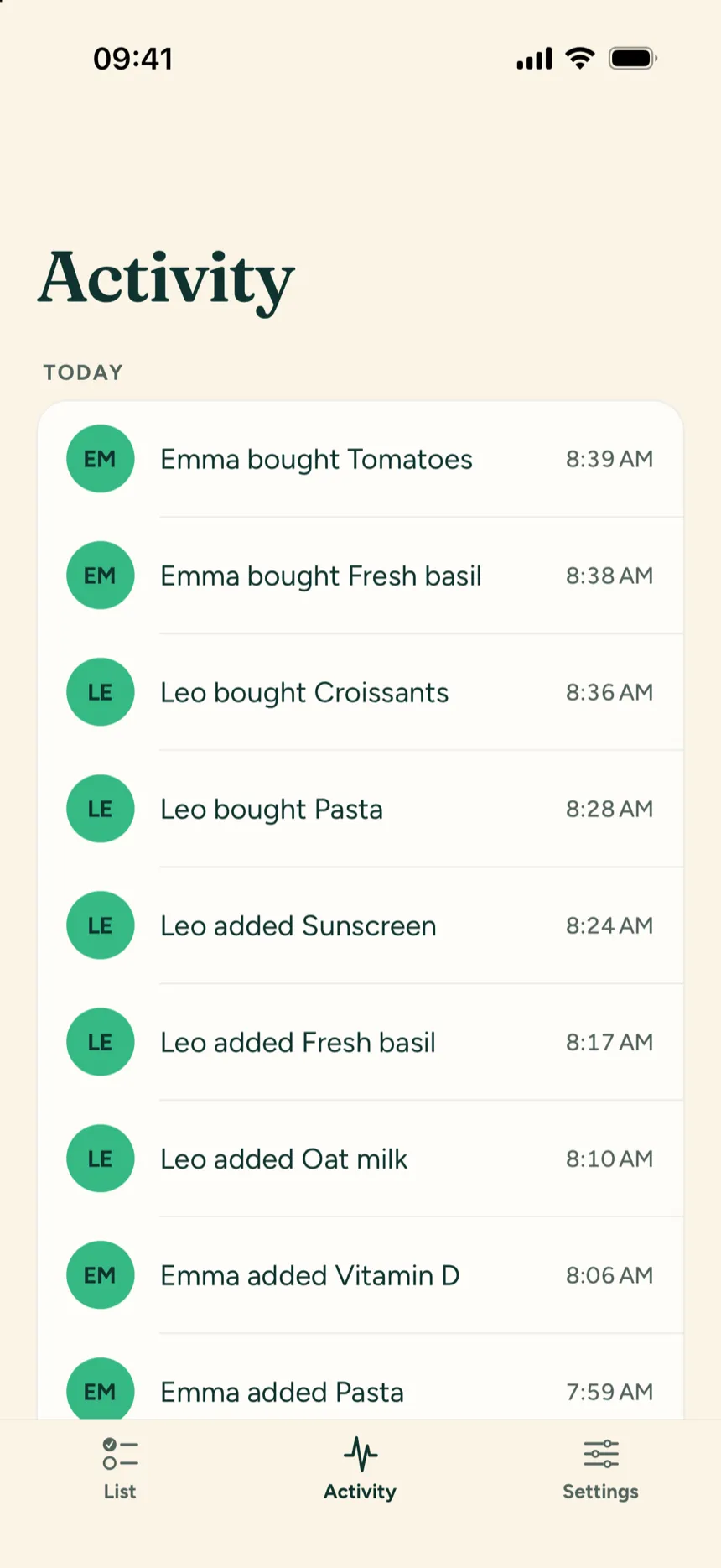 Listhola: activity feed of who added what